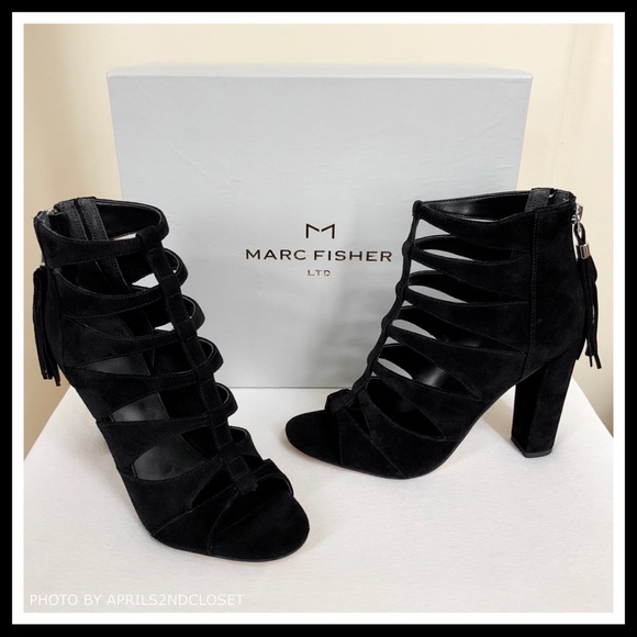 MARC FISHER BLACK CAGED SUEDE ANKLE STRAP HEELS - Picture 4 of 8